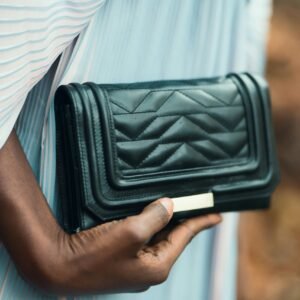 Person Holding Quilted Black Leather Clutch Bag